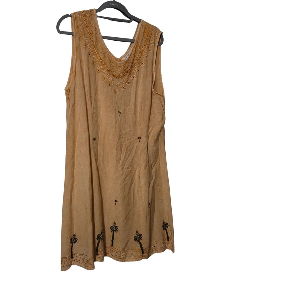 Indian Tropical Fashion Embroidered Palm Tree Dress XXL‎ Tan Rayon Knee Length
